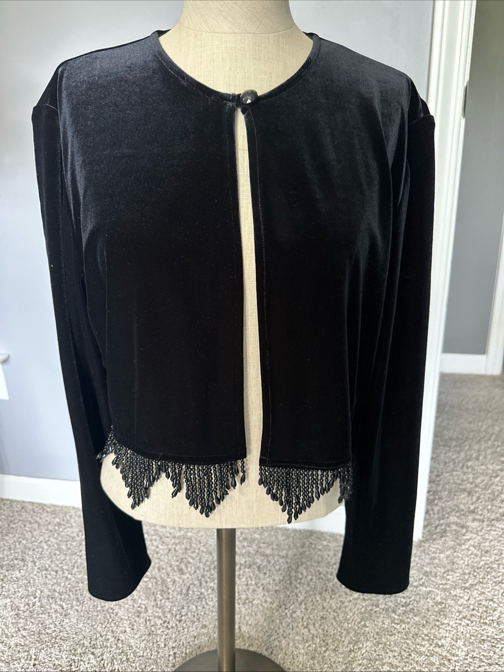 VTG Patra Black Velvet Beaded Fringe Jacket size 14